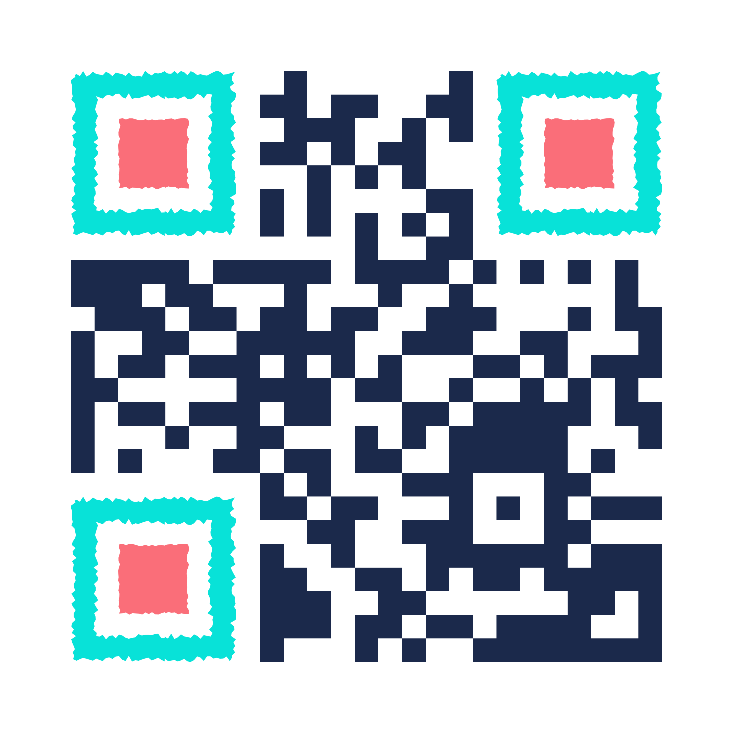 Code QR personnalisé en bleu marine avec des marqueurs bicolores (rose à l’intérieur, turquoise à l’extérieur).