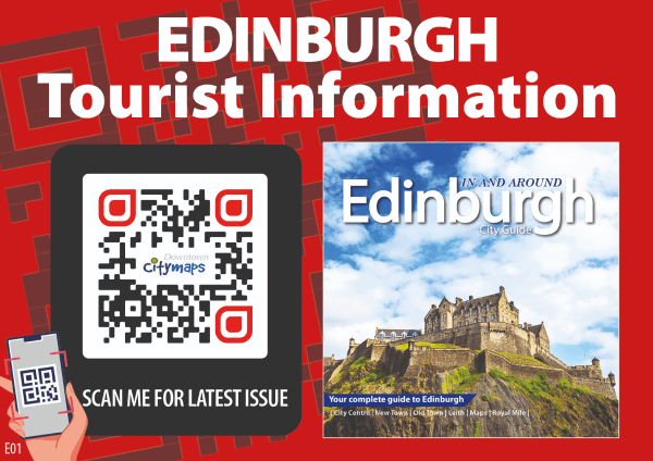Code QR sur une affiche pour le tourisme à Édimbourg encourageant le public à scanner pour consulter le dernier numéro de Downtown Citymaps.