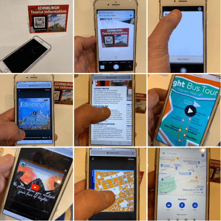 Une personne scanne le code QR Downtown CityMaps Édimbourg et consulte les infos disponibles dans le guide sur un appareil mobile.