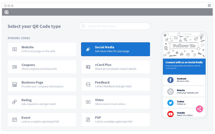 Sélectionnez « Médias sociaux » dans la liste de solutions par code QR puis cliquez sur « Suivant ».