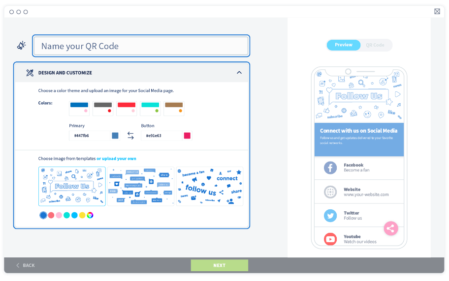 Nommez votre code QR puis sélectionnez vos couleurs et une image