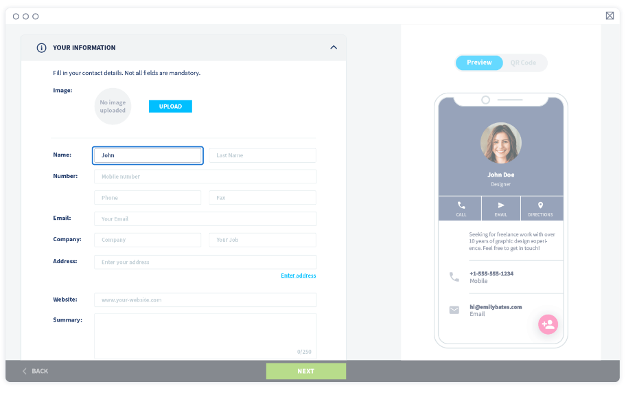 Saisissez vos infos personnelles (coordonnées, site Web, courte présentation)