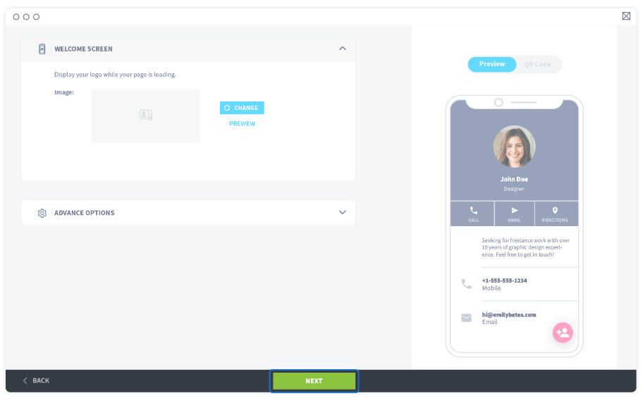 Cliquez sur « Suivant » pour personnaliser votre code QR
