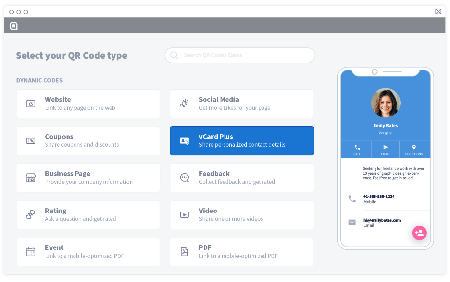 Sélectionnez tout d’abord le type de code QR et les détails nécessaires