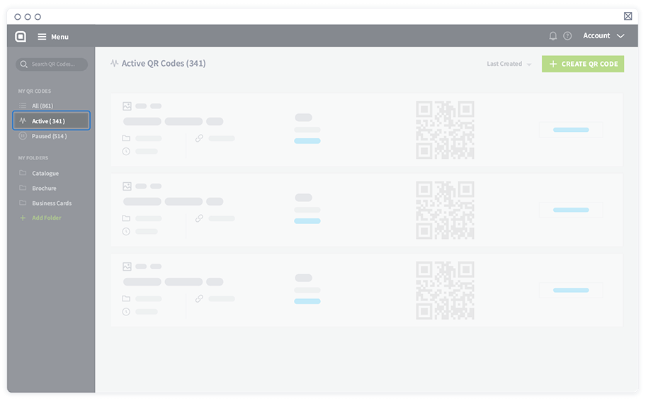Tableau de bord QR Code Generator affichant les codes QR actifs.