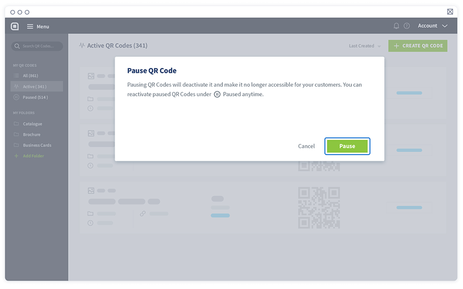Confirmez la mise sur pause de votre code QR dans la fenêtre contextuelle qui apparaît.