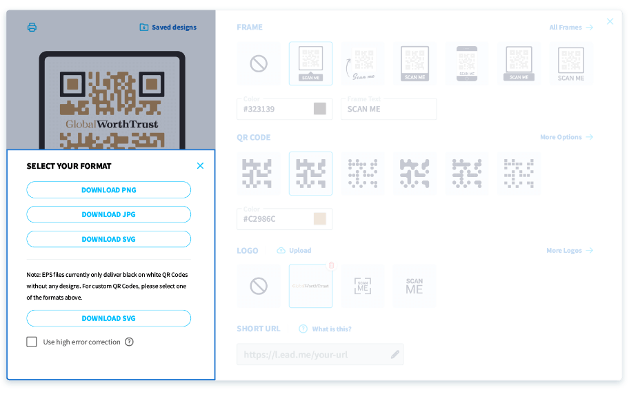 Sélectionnez le format de fichier qui convient le mieux à votre code QR.