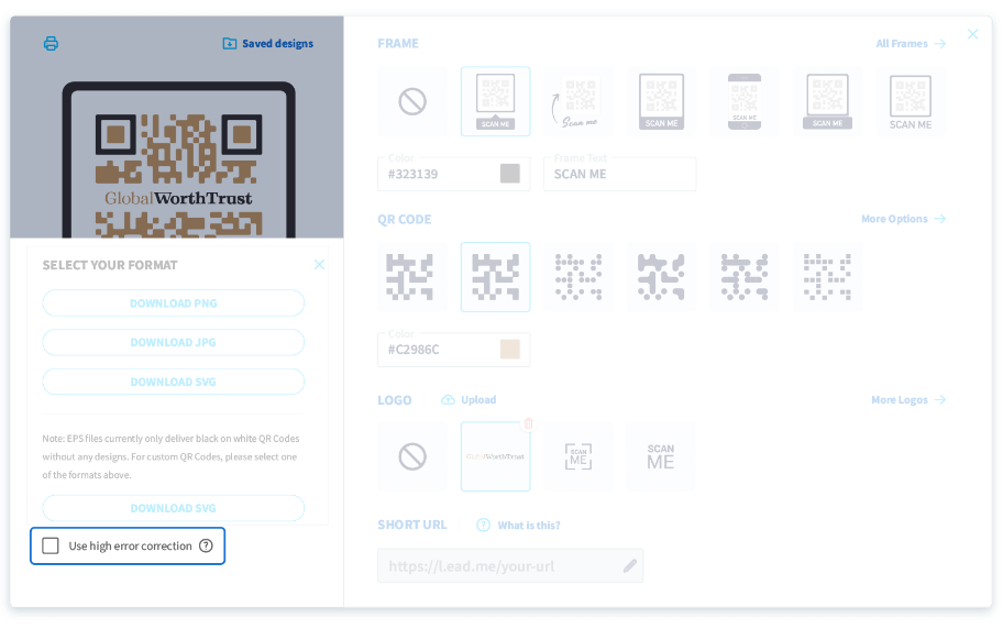 Utilisez un taux de correction élevé pour télécharger votre code QR.