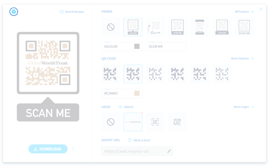 Options de personnalisation et de téléchargement pour codes QR.