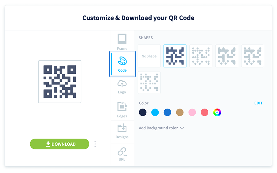 Sélectionnez l’onglet Code pour personnaliser la forme et la couleur