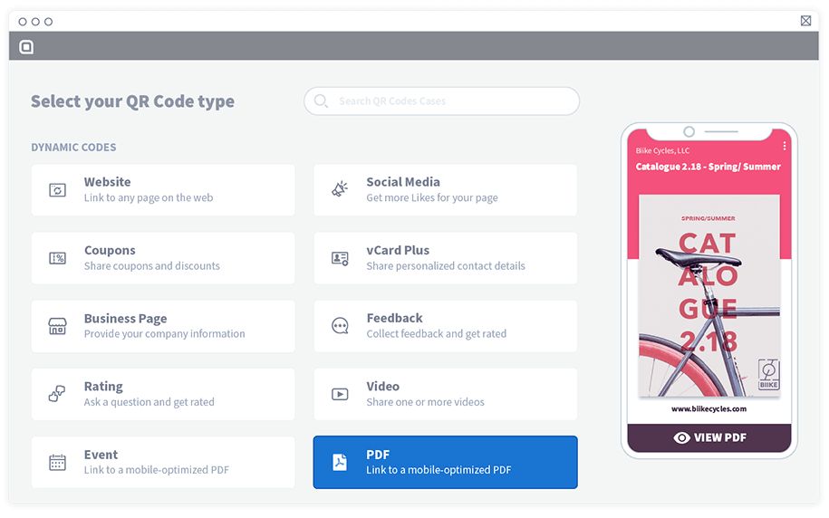 Sous Codes dynamiques, sélectionnez PDF pour créer un code QR PDF