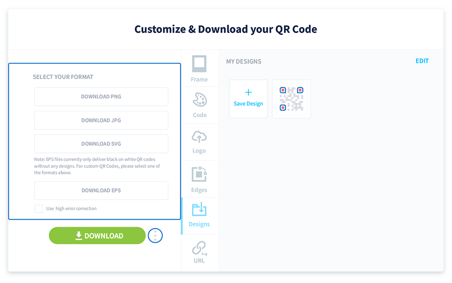 Choisissez le format dans lequel vous souhaitez télécharger votre code QR