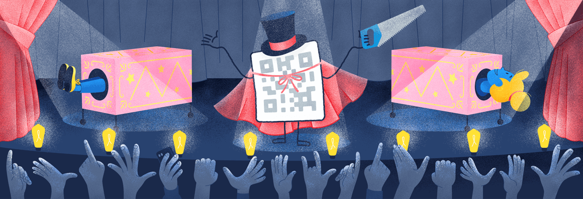 Un code QR magicien portant une cape rouge et un haut-de-forme noir et avec une scie dans la main exécute un tour de magie sur scène