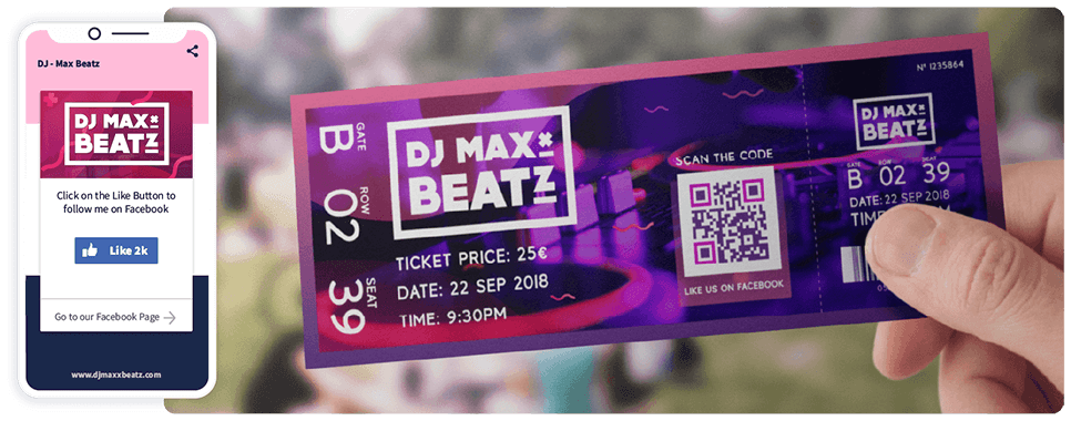 Idée de marketing par code QR sur un ticket avec un code QR Facebook