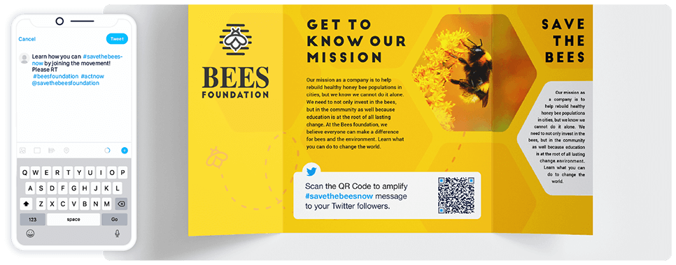 Idée de marketing par code QR sur une brochure avec un code QR Twitter
