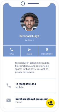 Page de destination d’un code QR vers les coordonnées d’un architecte avec bouton pour les sauvegarder directement sur smartphone.