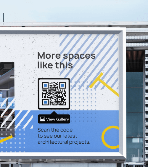 Affiche faisant la publicité de projets professionnels avec un code QR vers une galerie d’images d’un portfolio.