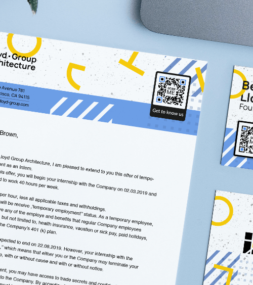 Papier à en-tête d’une entreprise avec code QR vers les détails de l’entreprise en question.