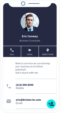 Page de destination d’un code QR avec les coordonnées d’un consultant en entreprise.