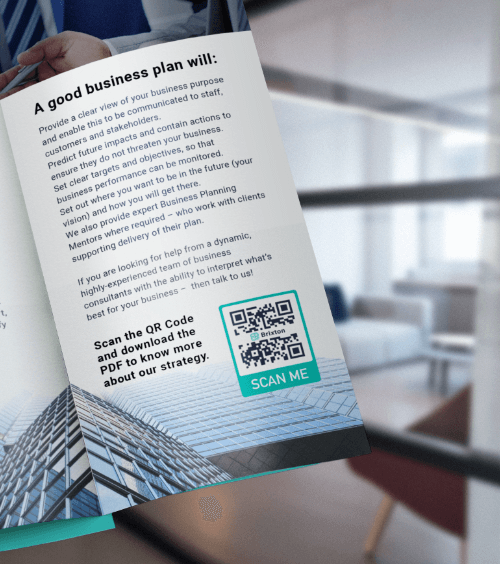 Brochure d’un cabinet de conseil avec un code QR vers un fichier PDF comportant une présentation de l’entreprise.