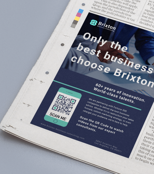 Publicité dans un journal pour un cabinet de conseil avec un code QR vers une sélection de vidéos de l’entreprise.