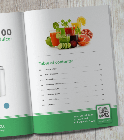 Manuel d’un produit avec un code QR vers une version du manuel au format PDF.