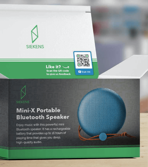Emballage d’un produit avec code QR vers un formulaire de satisfaction client.