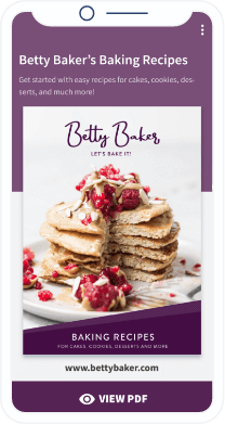 A phone screen with a purple background, a picture of a stack of pancakes, and a link to a PDF of recipes.
