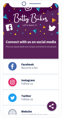 A phone screen with a purple background, a Betty Cake title, and a list of social media links.