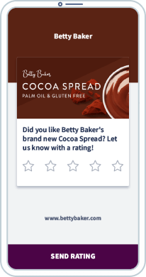 A phone screen with a brown and white background inviting customers to live a starred review of the product.