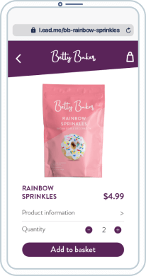 A blue and white phone screen with a picture of a pink package of sprinkles, the price, and a button Add to basket.