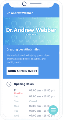 Page de destination personnalisée avec coordonnées et informations complémentaires sur la clinique dentaire du docteur Webber