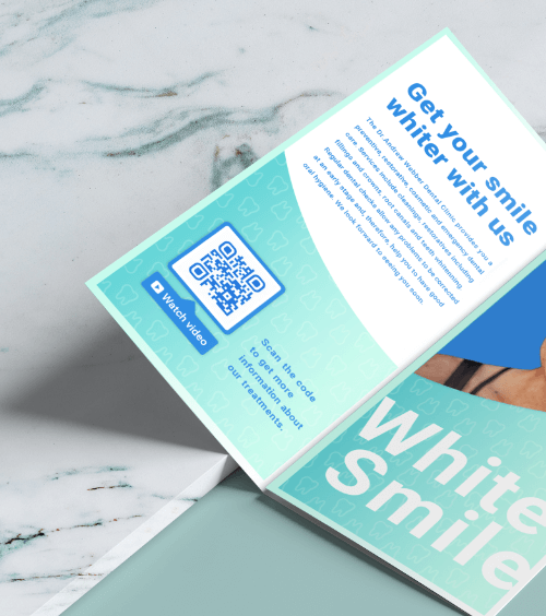 Brochure d’informations sur le blanchiment des dents avec code QR et cadre « Watch Video »