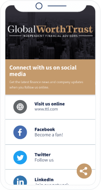Page de destination d’un code QR avec une liste des médias sociaux du cabinet de conseils financiers.