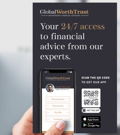 Flyer promotionnel pour la nouvelle application d’un cabinet de conseils financiers avec code QR.