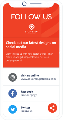 Page de destination d’un code QR vers les réseaux sociaux d’un studio de graphisme