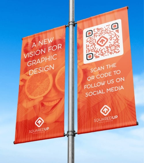 Idée de code QR sur la bannière publicitaire d’une agence de design