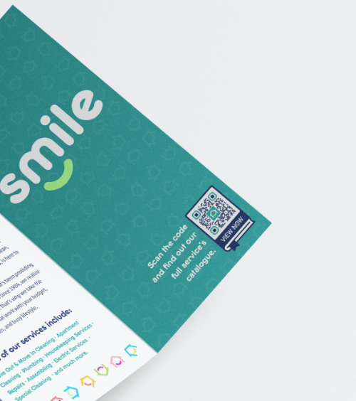 Flyer d’une entreprise de maintenance et réparations à domicile avec un code QR vers un fichier PDF comprenant le catalogue exhaustif de ses prestations.