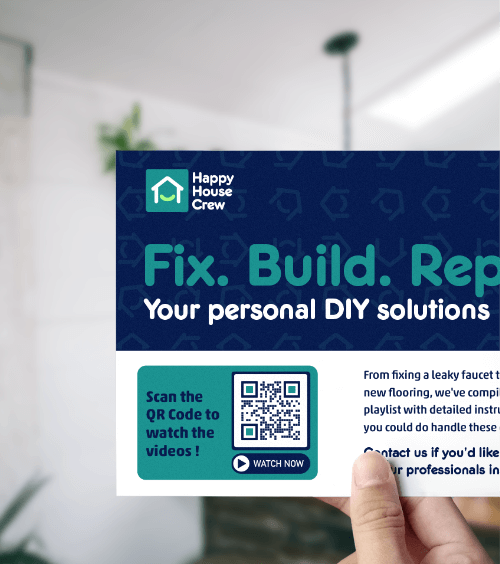 Flyer d’une entreprise de maintenance et réparations avec un code QR vers une liste de tutoriels vidéos.