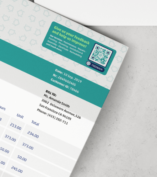 Facture d’une entreprise de maintenance et réparations avec un code QR pour permettre aux clients de donner leur avis.