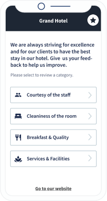 Page de destination d’un hôtel avec un formulaire de satisfaction à remplir par les hôtes pour évaluer les différents aspects de leur séjour.