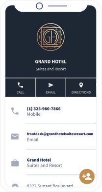 Page de destination d’un code QR avec les coordonnées d’un hôtel : lieu, numéro de téléphone et adresse e-mail.