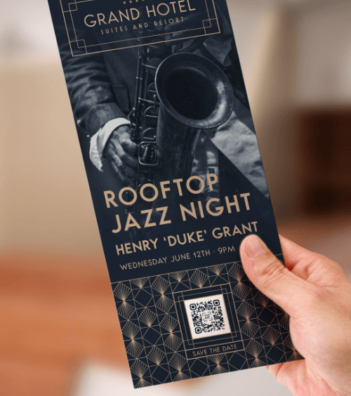 Flyer promotionnel avec un code QR vers les détails d’un événement ayant lieu à l’hôtel.