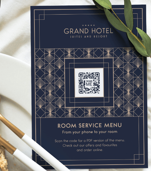 Carte du service en chambre d’un hôtel avec code QR vers sa version PDF.