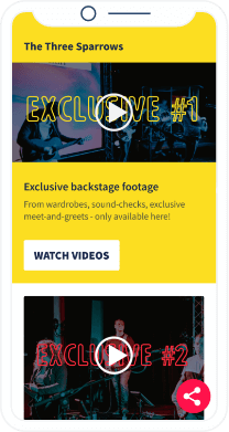Page de destination d’un code QR vers les vidéos exclusives du groupe en concert et en coulisse.