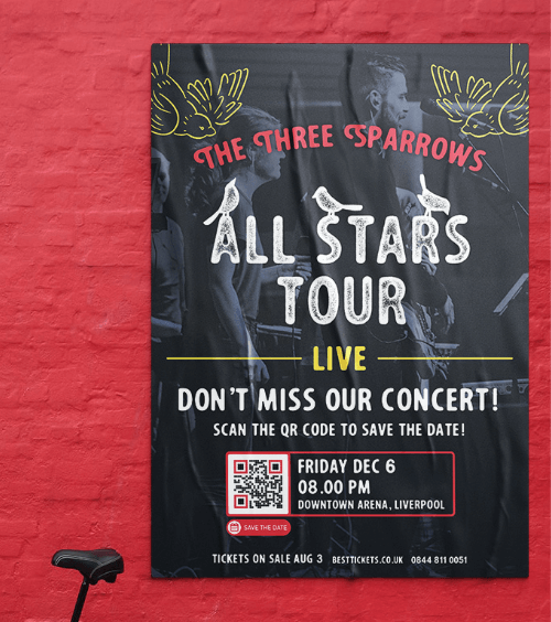 Affiche pour un concert avec un code QR vers les détails de l’événement.