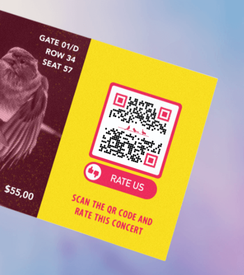 Ticket de concert avec un code QR pour laisser un commentaire.