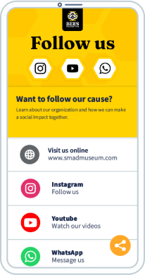 Page de destination sur mobile du code QR vers les médias sociaux les plus actifs de l’organisation.