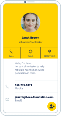 Page de destination sur mobile d’un code QR avec coordonnées détaillées incluant une brève présentation, un numéro de téléphone et une adresse e-mail.