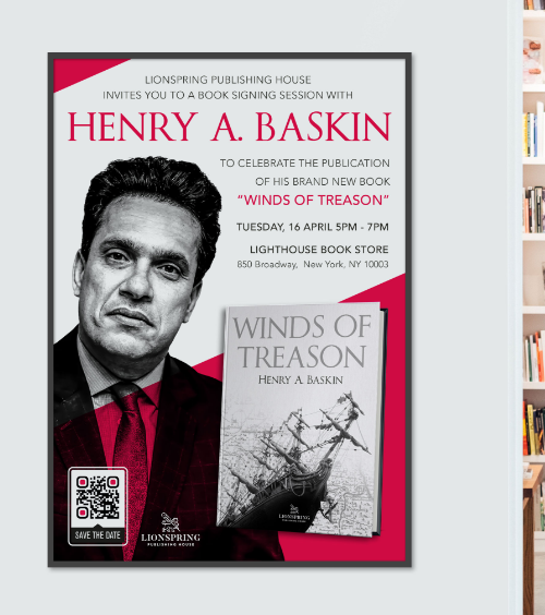 Affiche publicitaire pour un événement à l’occasion du lancement d’un livre avec code QR vers les informations détaillées.